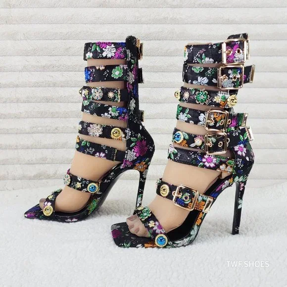 Floral Multi-Color Strappy Heels - Picture 1 of 14